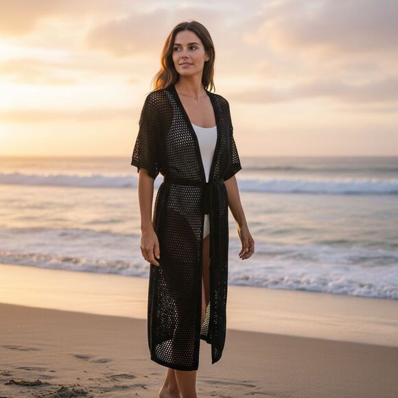 Ann Taylor Loft Crochet Swimsuit Cover-up Kimono Open Cardigan - Picture 1 of 9